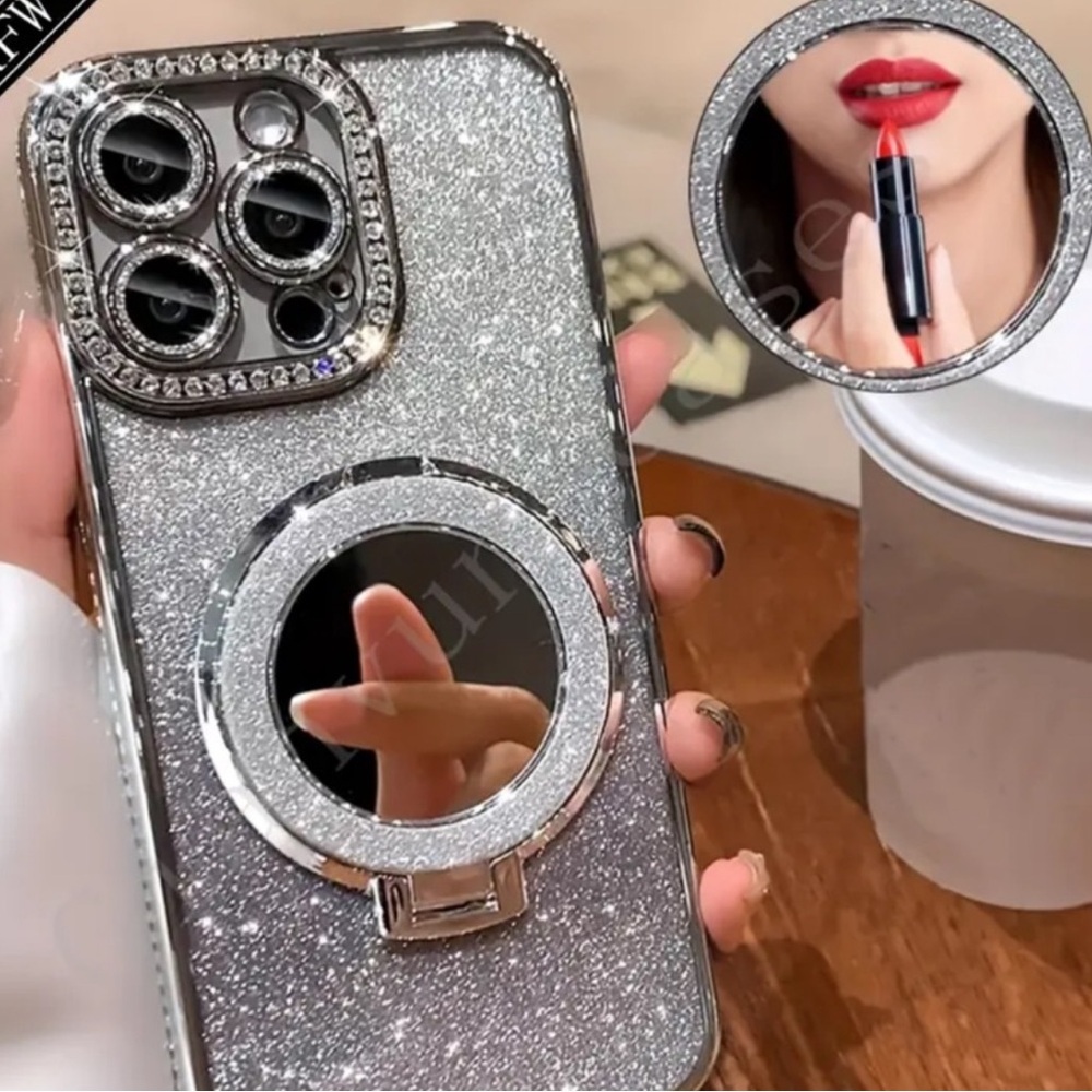 Silver OR Clear Changeable Glitter iPhone 16 Pro Max Case with Mirror Stand